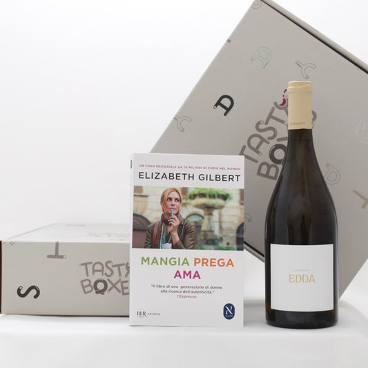 Box regalo TastyBoxes contenente il libro "Mangia Prega Ama" e il vino bianco Edda